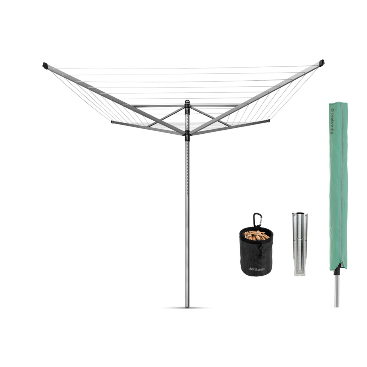 Uscator de rufe rotativ cu 4 brate + cu suport fixare pamant + husa + set carlige rufe, Brabantia, Lift-O-Matic, 50 m capacitate de uscare, otel, gri metalizat - imagine 5